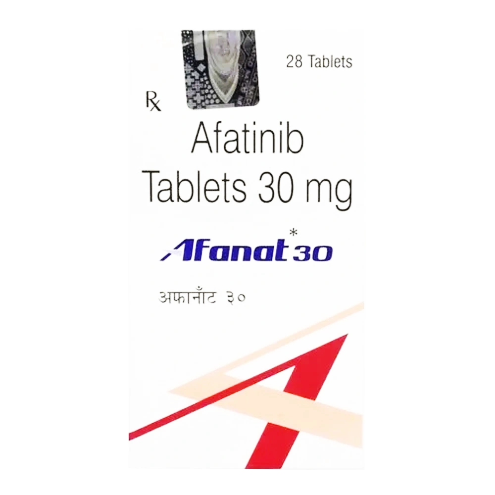 印度阿法替尼30mg×28片 印度Natco阿法替尼Afanat30mg×28片装正面药盒高清正品照片,用于表皮生长因子受体(EGFR)基因敏感突变或罕见突变的局部晚期与转移性非小细胞肺癌靶向治疗。