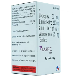 印度(Hetero)版必妥维Biktarvy(TAFFIC)外包装正面实拍图，蓝色瓶装设计。