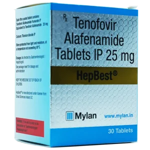 标领医学 韦立得 (替诺福韦二代 TAF) Vemlidy 25mg*30片 印度Mylan版说明书 - 药代邮云仓 韦立得(Vemlidy)药瓶细节实拍,展示Mylan原厂密封包装。