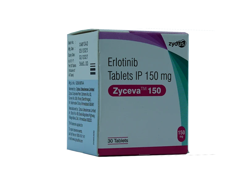 印度Zydus特罗凯Zyceva（厄洛替尼/Erlotinib）150mg*30片装正面药盒高清正品照片，用于表皮生长因子受体（EGFR）突变的非小细胞肺癌和晚期胰腺癌靶向治疗。