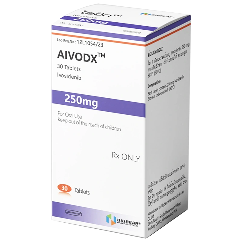 老挝大熊制药生产的强效口服高选择性IDH1突变抑制剂艾伏尼布片AIVODX官方盒装正品实物照片