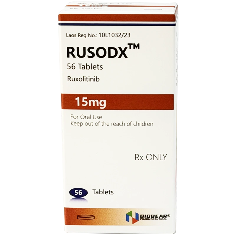Bigbear(大熊制药)生产的芦可替尼片(RUSODX 15mg×56片/盒)外包装实拍照片