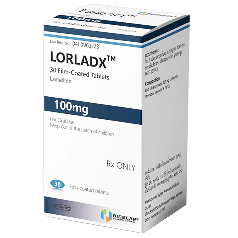 老挝大熊制药仿制生产的劳拉替尼片商品名LORLADX外包装盒高清实物照