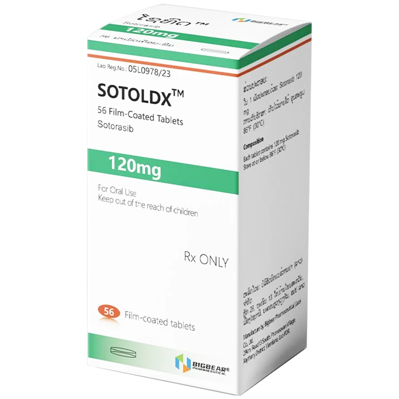 老挝大熊制药生产的索托拉西布片商品名SOTOLDX外包装盒高清实拍