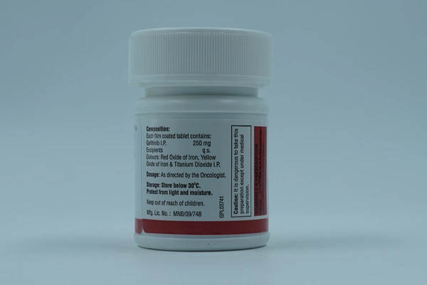 印度Glenmark药厂吉非替尼片Geftib 250mg瓶身侧面成分与贮存说明实拍