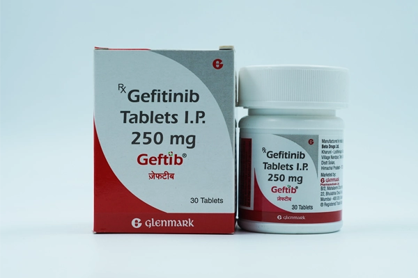 印度Glenmark药厂吉非替尼片Geftib 250mg规格30片包装外盒与塑料药瓶正面实拍